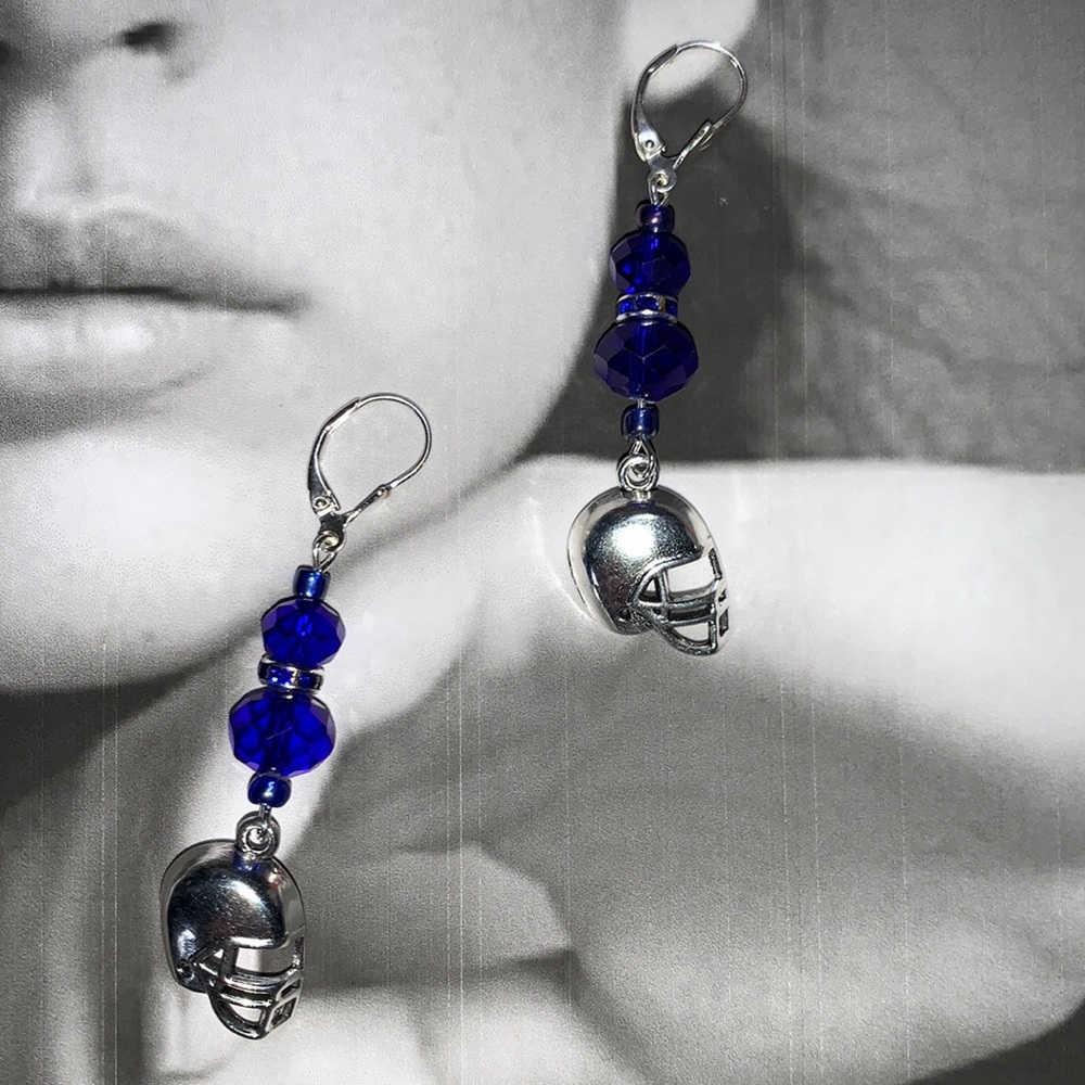 Football Drop Earrings Blue Faceted Glass Beads Dangling from 925 Sterling Lever